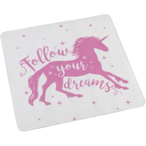 Quadratische, weiße Duscheinlage mit pinkem Einhorn und dem Schriftzug "Follow your dreams".