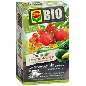 Packung Compo Bio Tomaten Langzeit-Dünger mit Schafwolle für gesundes Gemüse.