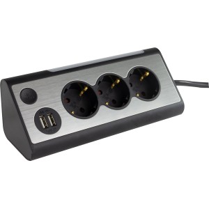 REV Ritter Steckdosenleiste mit 3 Schuko- und 2 USB-Steckdosen, LED-Licht, schwarz.