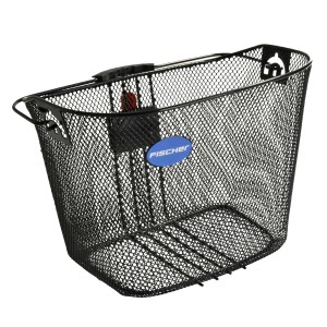 Schwarzer, engmaschiger Fischer Lenkerkorb mit Schnellbefestigung für Fahrräder.