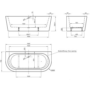 Technische Zeichnung: Ottofond Whirlpool Modena, 180x79 cm, Maße und Details für Installation.