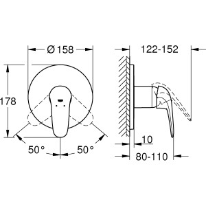 Technische Zeichnung: Grohe Eurostyle Einhand-Brausebatterie mit Maßen.