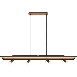 Moderne, 5-flammige LED-Pendelleuchte Ida in Schwarz matt mit Holzoptik. Ideal als Hängeleuchte.