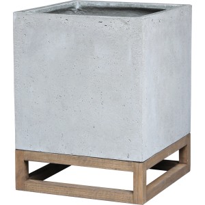 Graues Pflanzgefäß (39x29x29 cm) aus Zement mit Holzfuß für Garten & Terrasse.