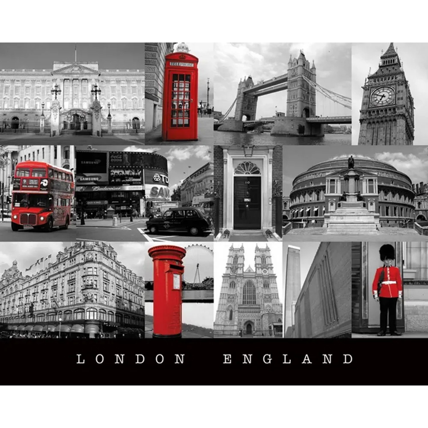 Deco Panel Fertigbild mit London Motiven, wie Tower Bridge und Buckingham Palace, 40x50 cm.