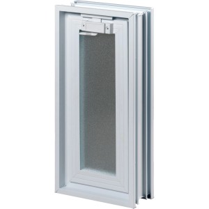 Weißes Lüftungsfenster mit Fliegengitter für Glasbausteine, 19x19x8 cm.