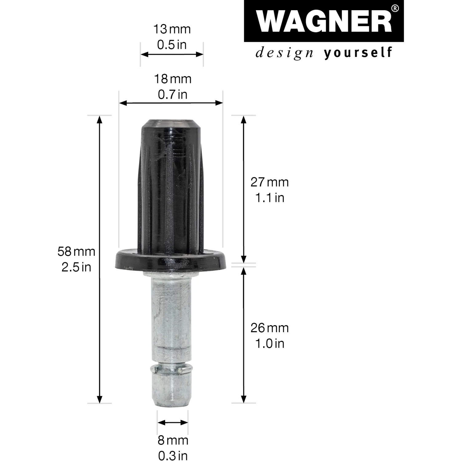 Wagner Stift & Einschlaghülse, 13 mm, 2er-Set. Befestigung für Rollen und Möbelgleiter mit 8 mm Aufnahme.