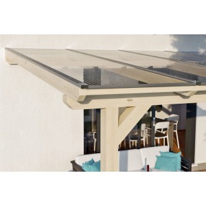 Skan Holz Terrassenüberdachung Andria mit klarer Polycarbonat-Eindeckung und unbehandeltem Leimholz.