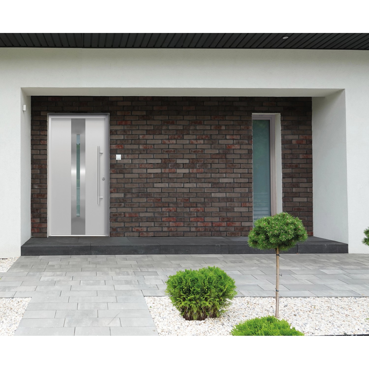 Graue Sicherheits-Haustür ThermoSpace Prime Dublin RC2 mit satiniertem Glas und Edelstahlgriff.