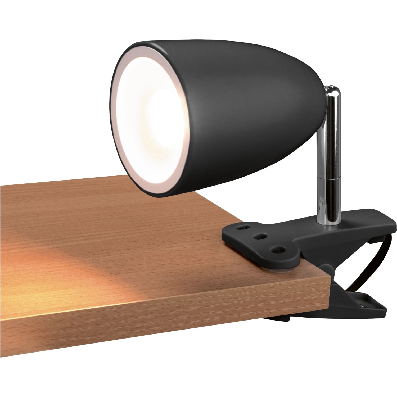 Schwarze LED-Klemmleuchte Vidorni am Tisch befestigt. Flexibel als Lese- oder Schreibtischlampe.