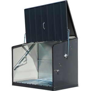 Geöffnete Trimetals Aufbewahrungsbox Stowaway in Anthrazit, ideal für Fahrräder und Gartengeräte.