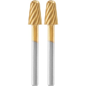 Zwei Dremel Fräsmesser Max 117DM für Miniaturwerkzeuge, goldfarben.