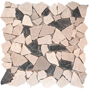 Mosaikmatte Polygonal Biancone Java, 30x30 cm, mit beigen, grauen und schwarzen Steinen.