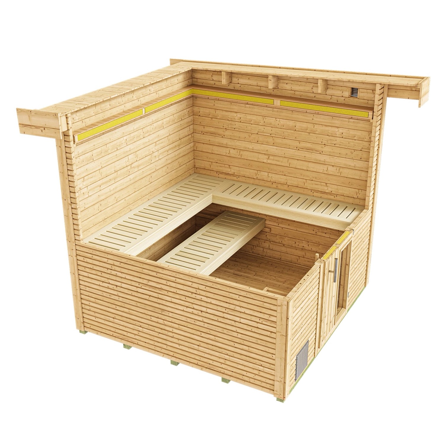 Weka Design Saunahaus Kuopio, 263x298cm, Natur, mit Technikpaket 1, Innenansicht mit Liegen.