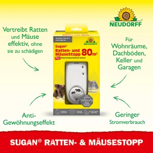 Neudorff Ratten- und Mäusestopp Sugan 80 m²: Ultraschallgerät zur Schädlingsbekämpfung in Innenräumen.