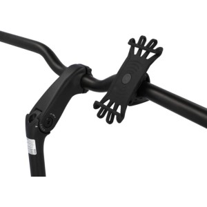 Schwarze Fischer Smartphone-Halterung aus Silikon am Fahrradlenker, 360° drehbar.