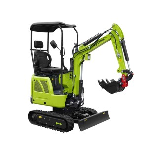 Grüner Zipper Minibagger ZI-MBG1000DS5. Kompakte Baumaschine mit Schaufel, Fahrwerk und Fahrersitz.