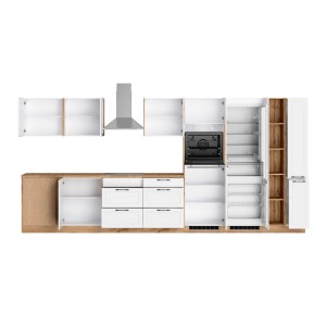 Held Winkelküche Kempten in Weiß/Wotan mit E-Geräten, inklusive Kühl-/Gefrierkombi und Geschirrspüler.