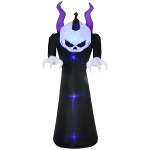 210cm aufblasbares Gespenst mit leuchtendem Kürbiskopf, lila Hörnern und blauen LEDs. Halloween Dekoration.