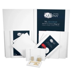 Artina Akademie Keilrahmen 14-teilig, verschiedene Größen, weiße Leinwände und Spannkeile.