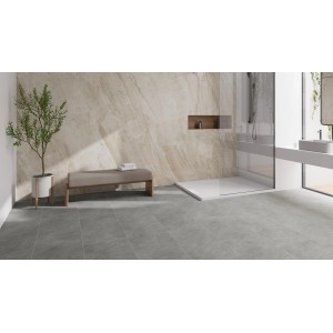 Badezimmer mit grauem Check One Click-Vinylboden Marbach Beton in XL-Fliesenoptik.