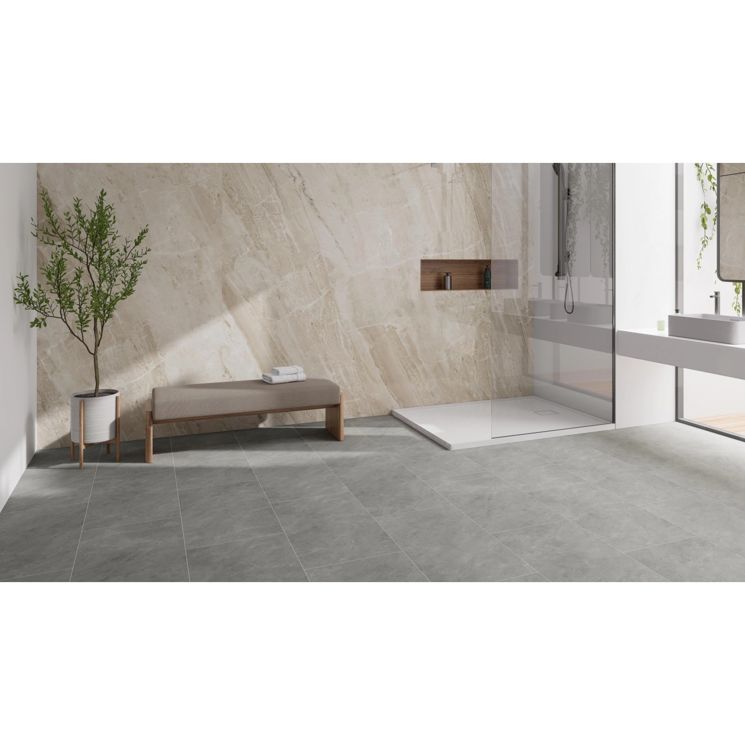 Badezimmer mit grauem Check One Click-Vinylboden Marbach Beton in XL-Fliesenoptik.