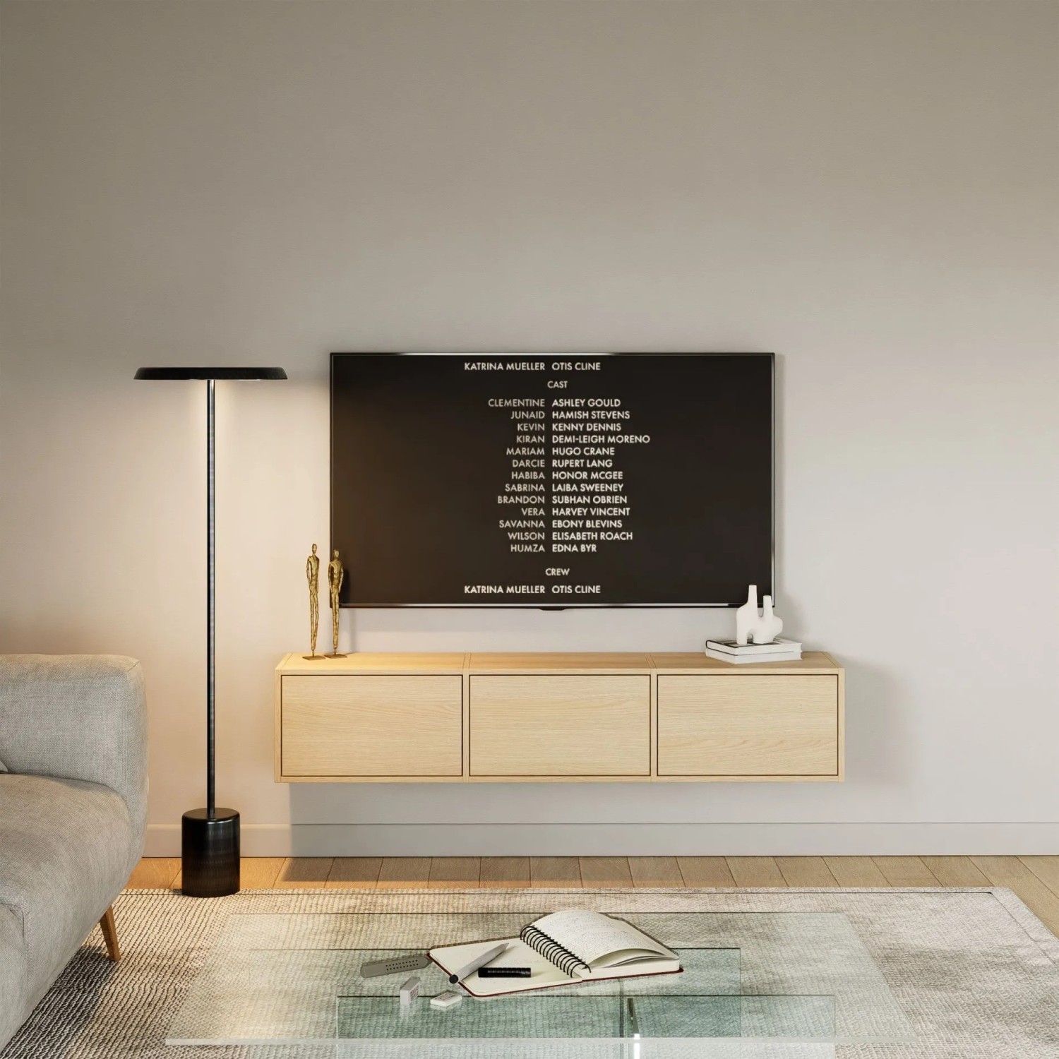 Selsey Framme TV-Hängeboard 150 cm in Eiche-Holzoptik unter TV. Modernes, wandmontiertes TV-Möbel mit grifflosen Klappen.