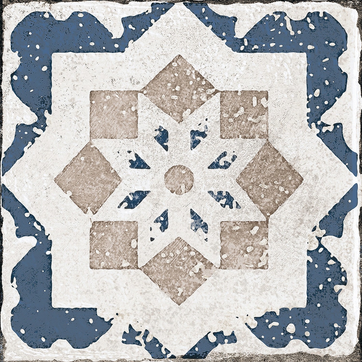 Dekorative, matte Bodenfliese aus Feinsteinzeug, 20x20 cm, mit blau-beige Muster für Innen- und Außenbereich.