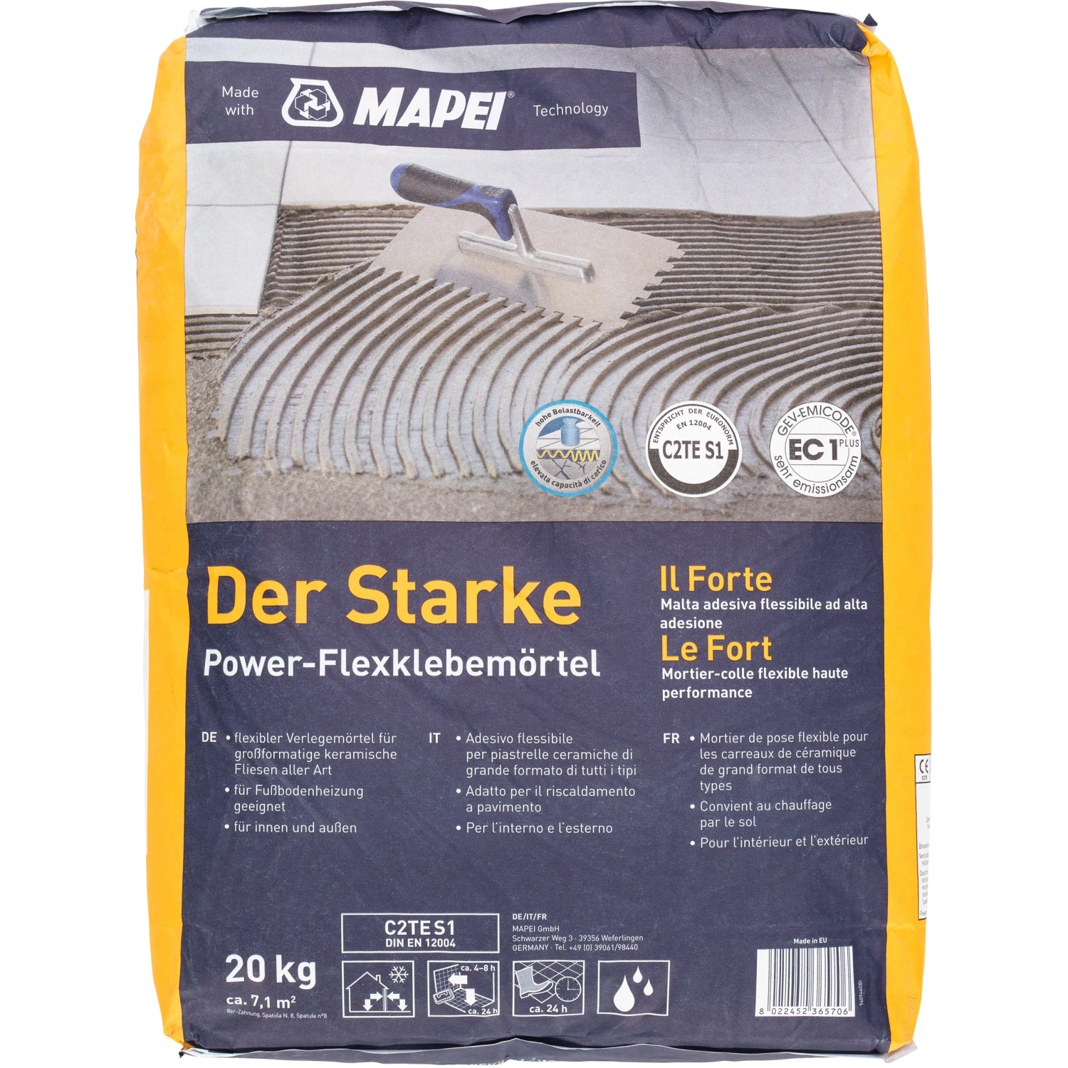 Mapei Flexmörtel C2TE S1 20 kg Sack, Fliesenkleber für innen und außen, geeignet für Fußbodenheizung.