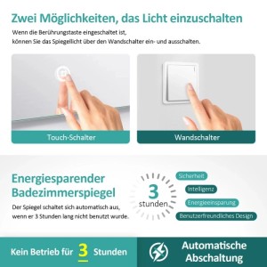 Emke runder LED Badezimmerspiegel mit Touch- & Wandschalter. Automatische 3-Stunden-Abschaltung spart Energie.