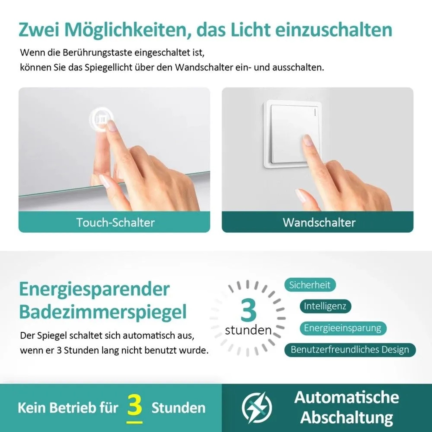 Emke Rund LED Badezimmerspiegel: Hände bedienen Touch-Schalter & Wandschalter; 3-Stunden-Automatikabschaltung für Effizienz.
