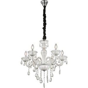 Weißer Globo Kronleuchter TEEJAY mit K5 Kristallen für 6 Leuchtmittel.