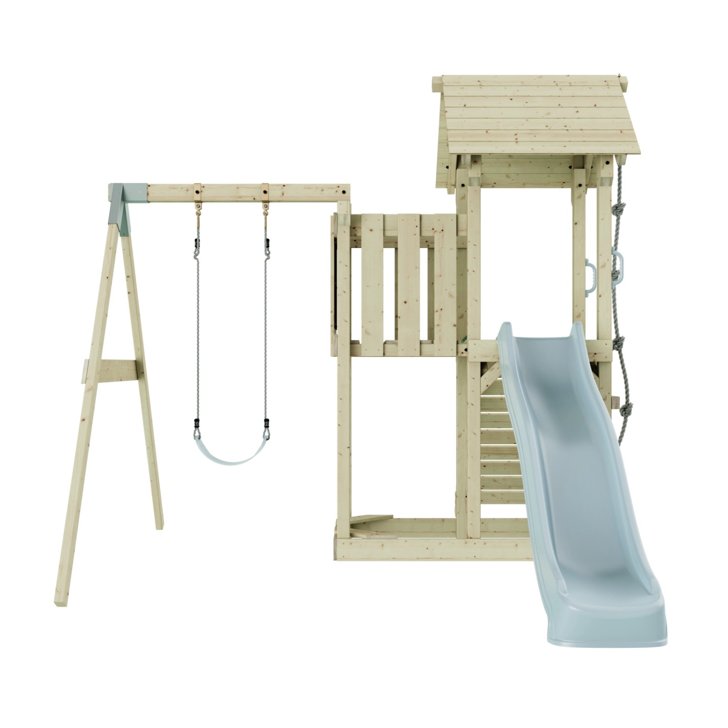 PolarPlay Kinderschaukel Bergen eisblau mit Rutsche und Kletterturm aus Holz.