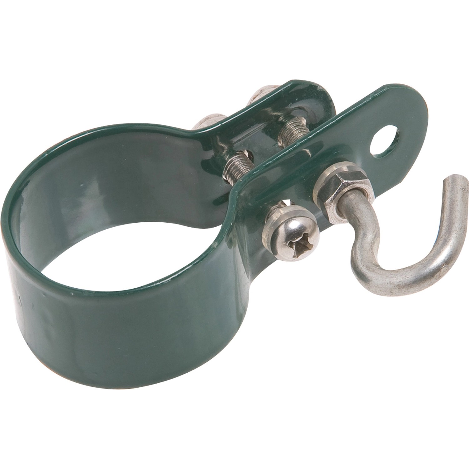 Grüne Geflechtspannstabschelle (40 mm) aus Stahl, Zubehör für Zaunbau und Sichtschutz.