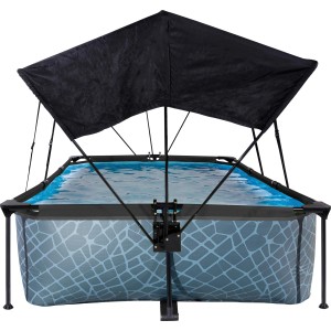 Rechteckiger EXIT Stone Pool, 300x200x65 cm, grau mit Sonnensegel und Filterpumpe.