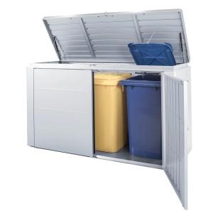 Biohort HighBoard 160 Gartenbox in Silber-Metallic mit geöffnetem Deckel und zwei Mülltonnen.