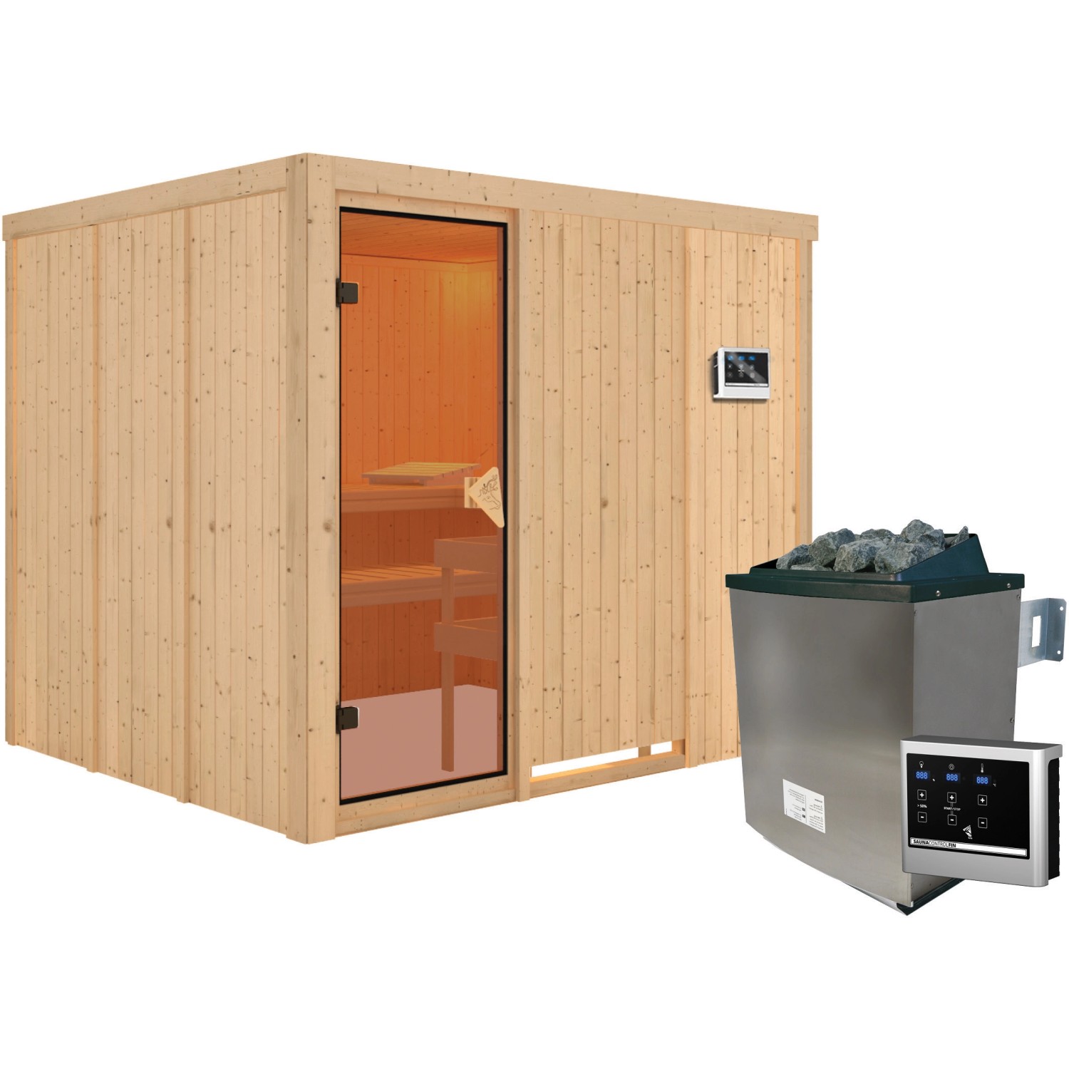 Karibu Sauna Gunda mit Edelstahl-Ofen und externer Steuerung aus naturbelassenem Holz.