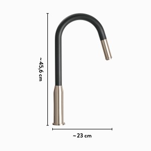 baliv Küchenarmatur KI-1120 in Edelstahl-Optik mit flexiblem, schwarzem Auslauf und Maßangaben.