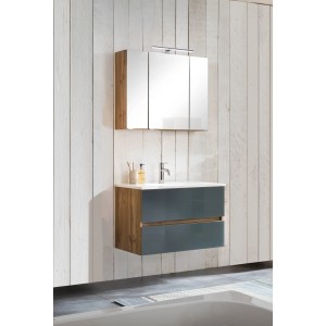 Held Möbel Waschtisch-Set Pisa 80, grau/Wotaneiche, mit Spiegelschrank und Mineralgussbecken.