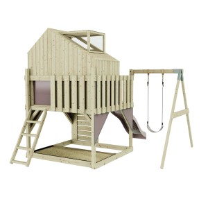 Holz-Spieltum mit Kinderschaukel in Altrosa, Rutsche und Kletterwand für den Garten.