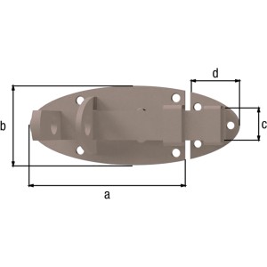 Duravis Schlossriegel flach, Perlbeige, mit Maßangaben (a, b, c, d) für Montage.