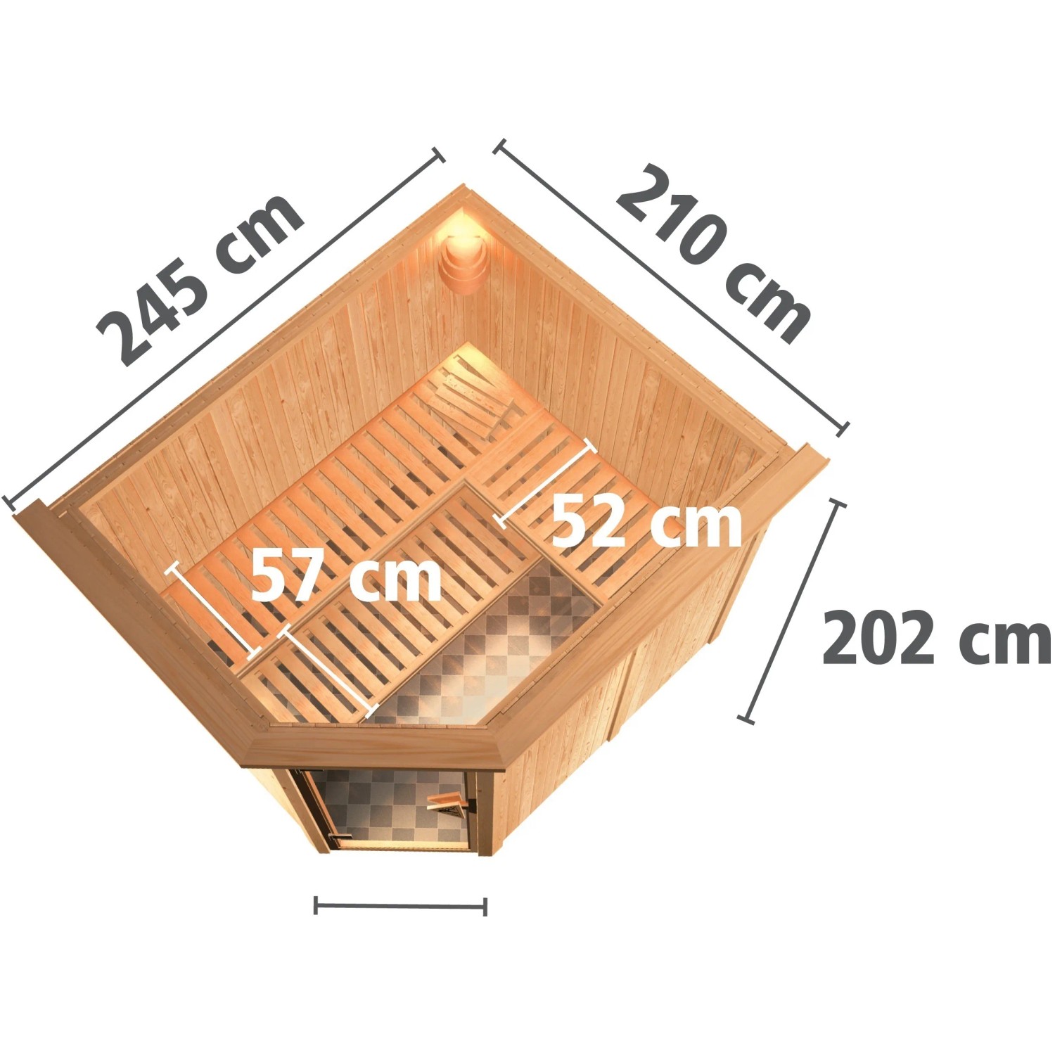 Karibu Sauna mit LED-Dachkranz, naturbelassene Fichte, Innenansicht mit Liegen und Maßen.