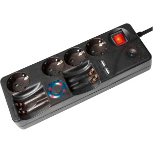 Schwarze 4-fach Multifunktions-Steckdosenleiste mit USB-Ports und Batterieladegerät.