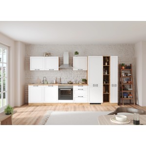 Moderne Küchenzeile Kempten 360 cm in Wotan Eiche/Weiß ohne E-Geräte.