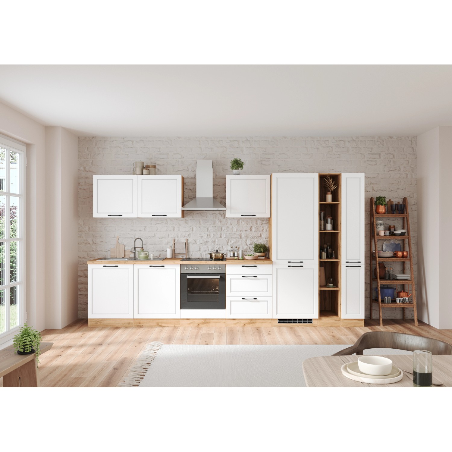 Moderne Küchenzeile Kempten 360 cm in Wotan Eiche/Weiß ohne E-Geräte.