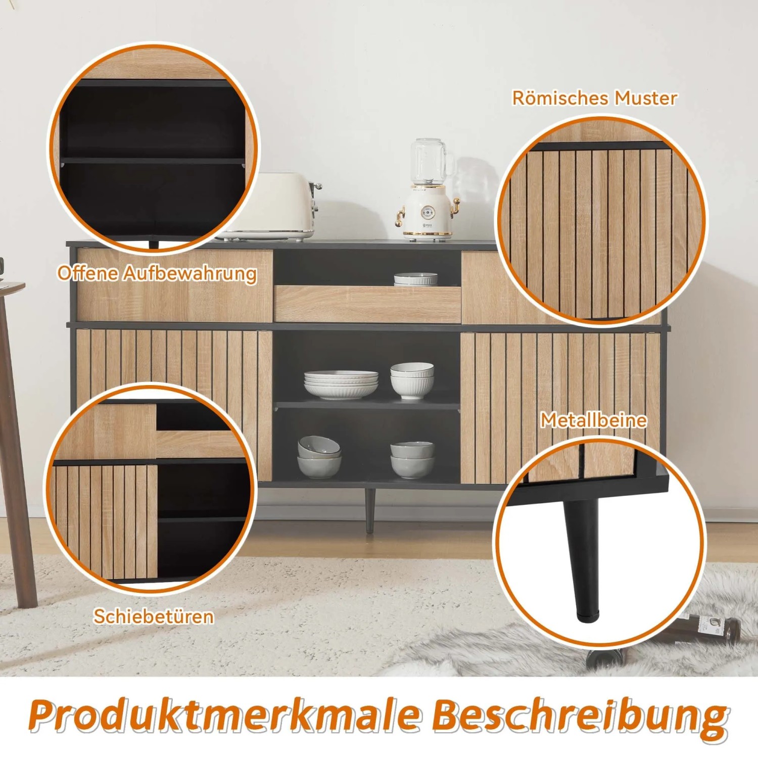okwish Kommode mit Schiebetüren Schublade Wohnzimmer 160x40x80cm Eiche Schwarz_7