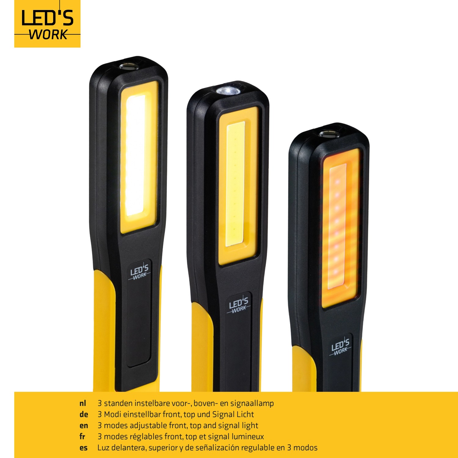 LED's Work Akku Handlampe mit drei Leuchtmodi: Front-, Top- und Signallicht.