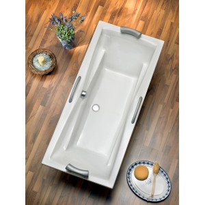 Rechteckige Badewanne Atlanta Duo, 190x80 cm, mit Griffen und symmetrischem Design.
