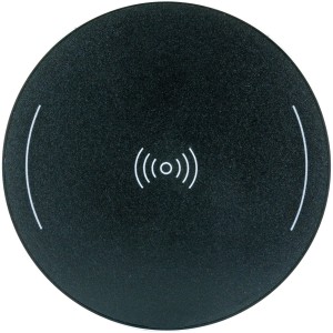 Schwarze, runde Schwaiger QI Wireless Ladestation für schnelles, kabelloses Laden von Smartphones.