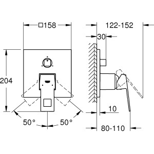 Technische Zeichnung: Grohe Eurocube Einhandbatterie mit 3-Wege-Umstellung, Chrom, Maße und Winkelangaben.